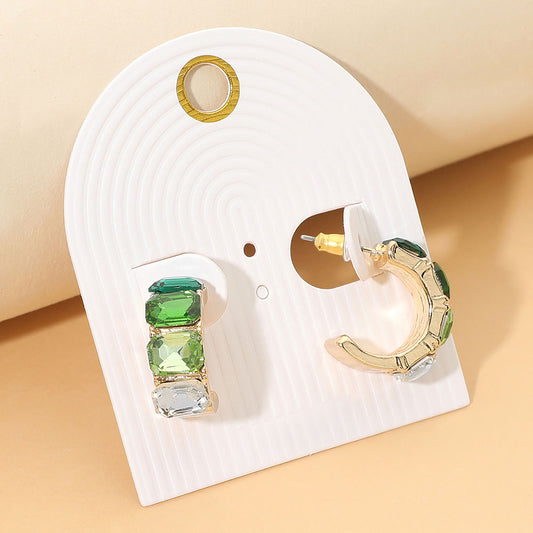Rectangular Faceted Stone Hoop Earrings in Green & Multi