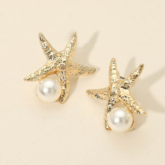 Pearl Drop Textured Metal Starfish Earrings