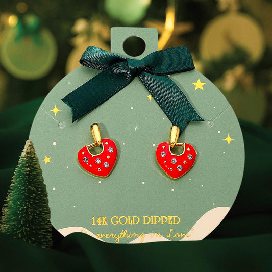 14K Gold Dipped Stone Paved Enamel Heart Drop Earrings