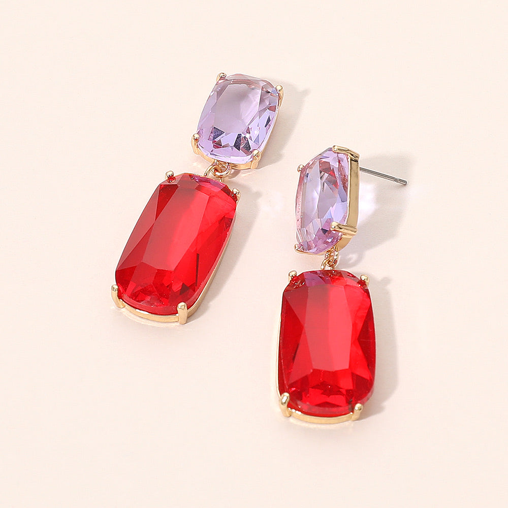 Rectangular Dual Gemstone Drop Earrings in Red