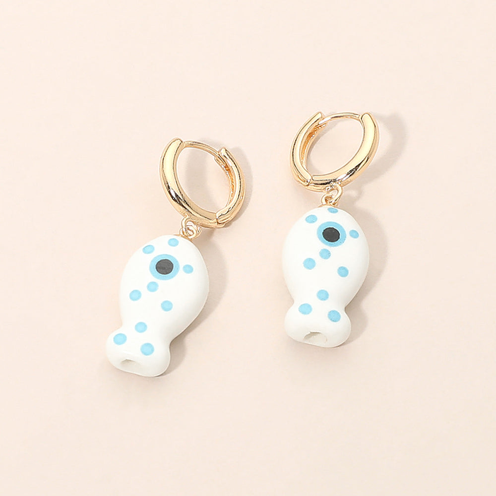 Fish Charm Drop Dangle Huggie Hoop Earrings in Gold & White