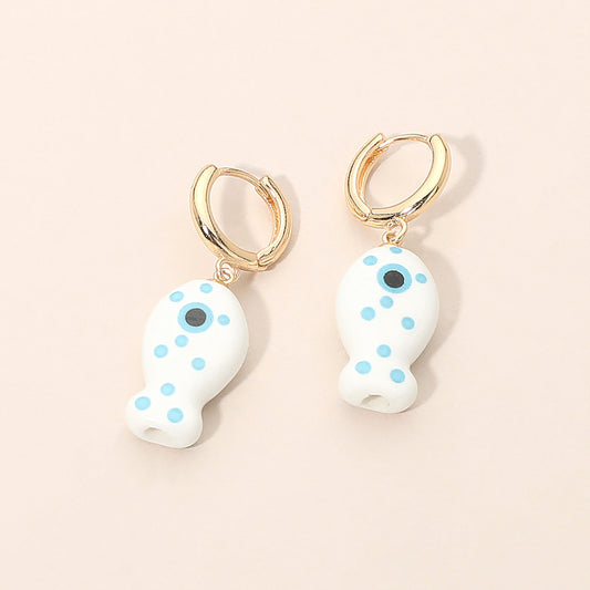 Fish Charm Drop Dangle Huggie Hoop Earrings in Gold & White