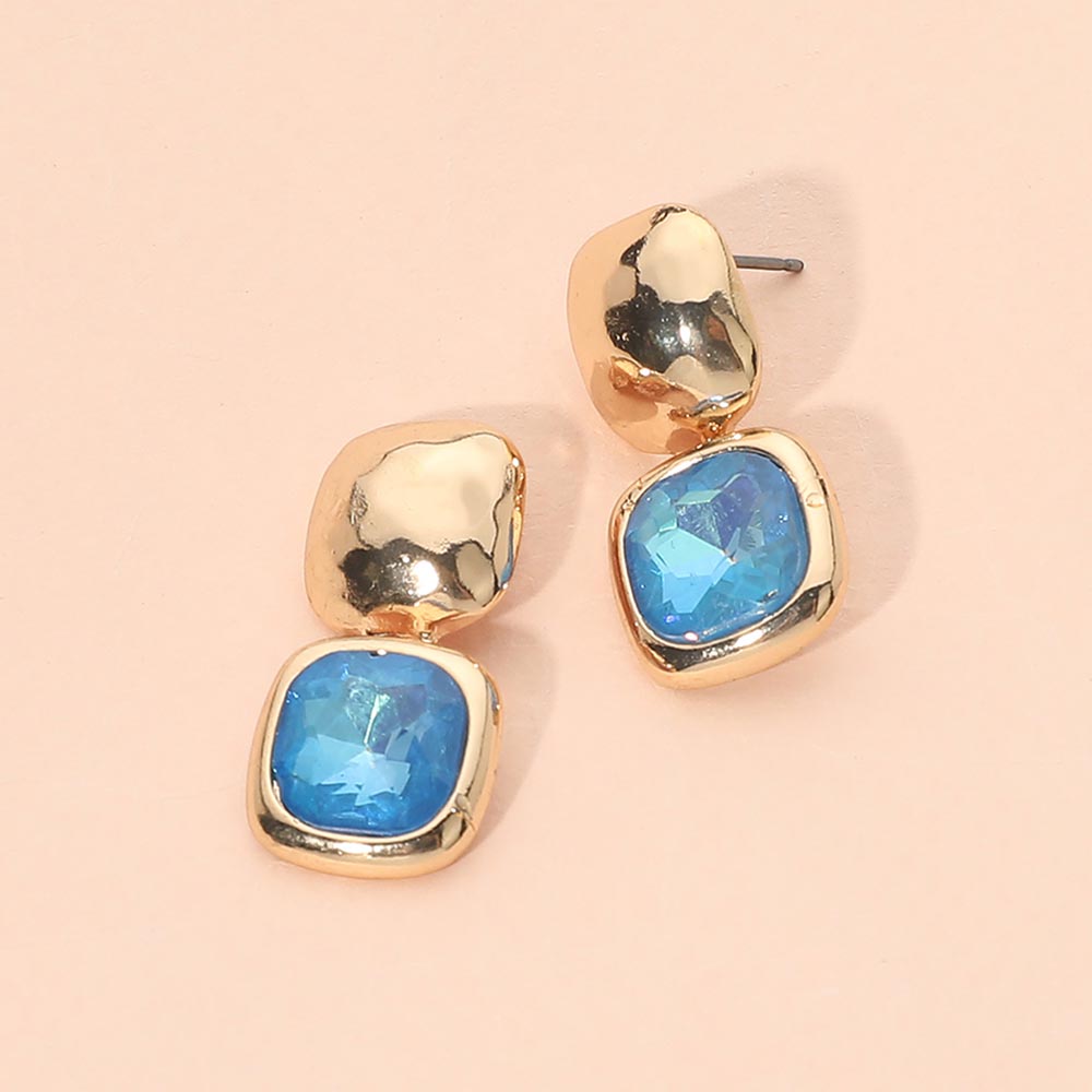 Geometric Square Stone Drop Earrings in Blue & Gold