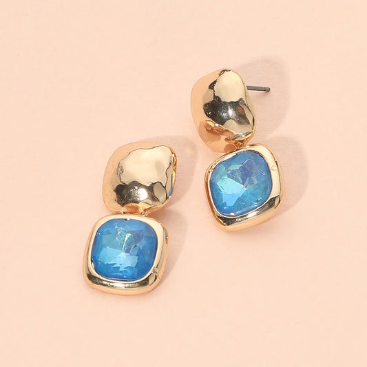 Geometric Square Stone Drop Earrings in Blue & Gold