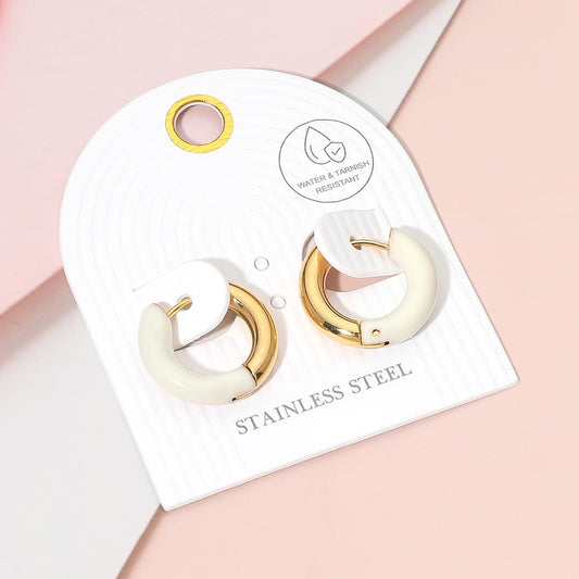 Stainless Steel Two Tone Chunky Huggie Hoop Earrings in Cream