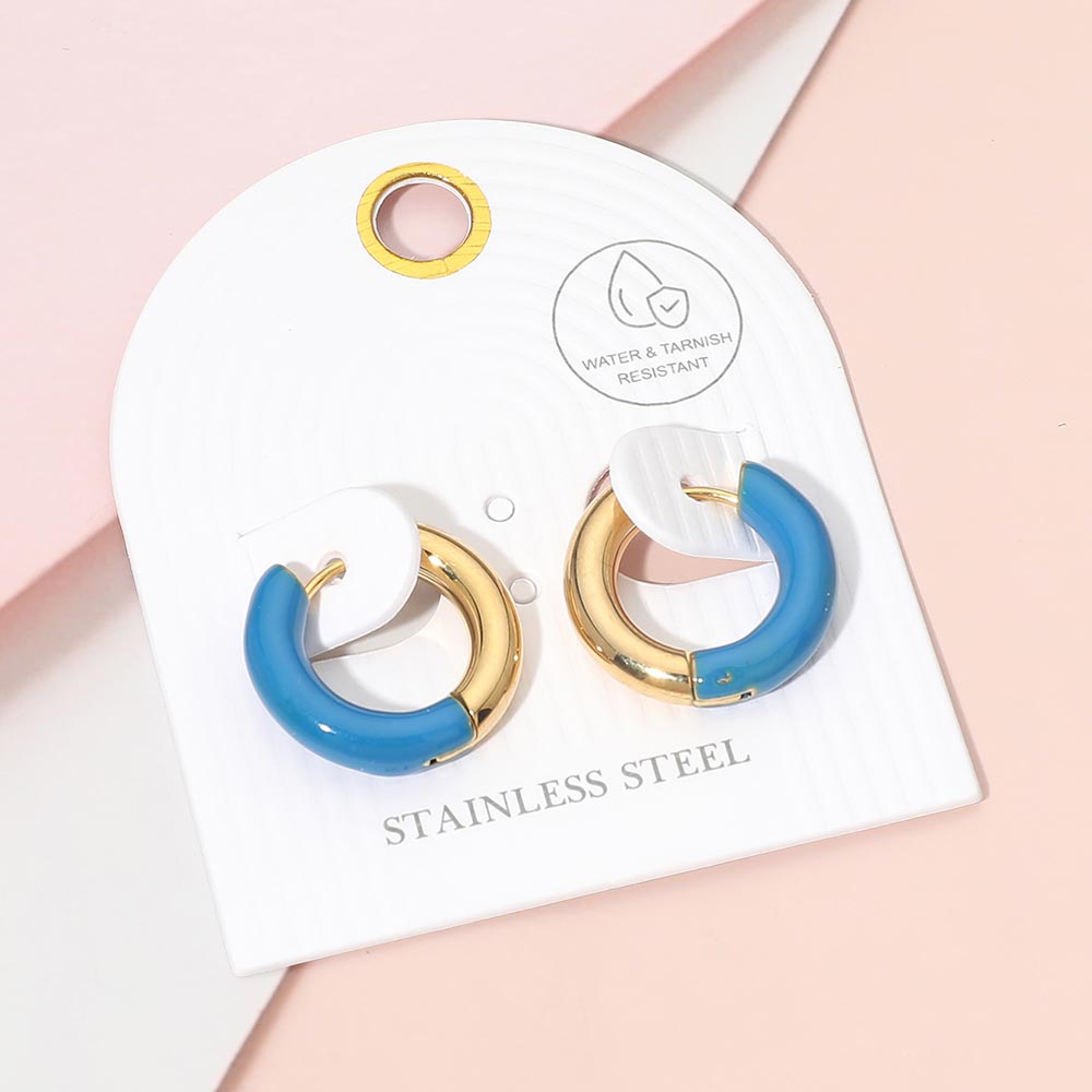 Stainless Steel Two Tone Chunky Huggie Hoop Earrings in Royal Blue