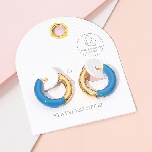 Stainless Steel Two Tone Chunky Huggie Hoop Earrings in Royal Blue