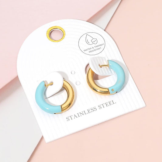 Stainless Steel Two Tone Chunky Huggie Hoop Earrings in Turquoise