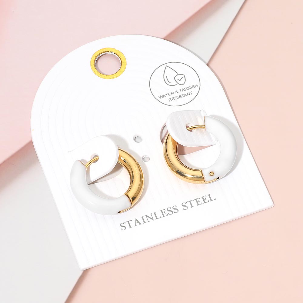 Stainless Steel Two Tone Chunky Huggie Hoop Earrings in White