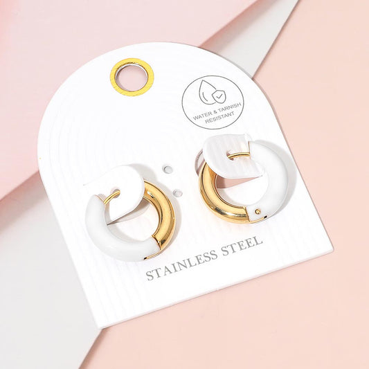 Stainless Steel Two Tone Chunky Huggie Hoop Earrings in White