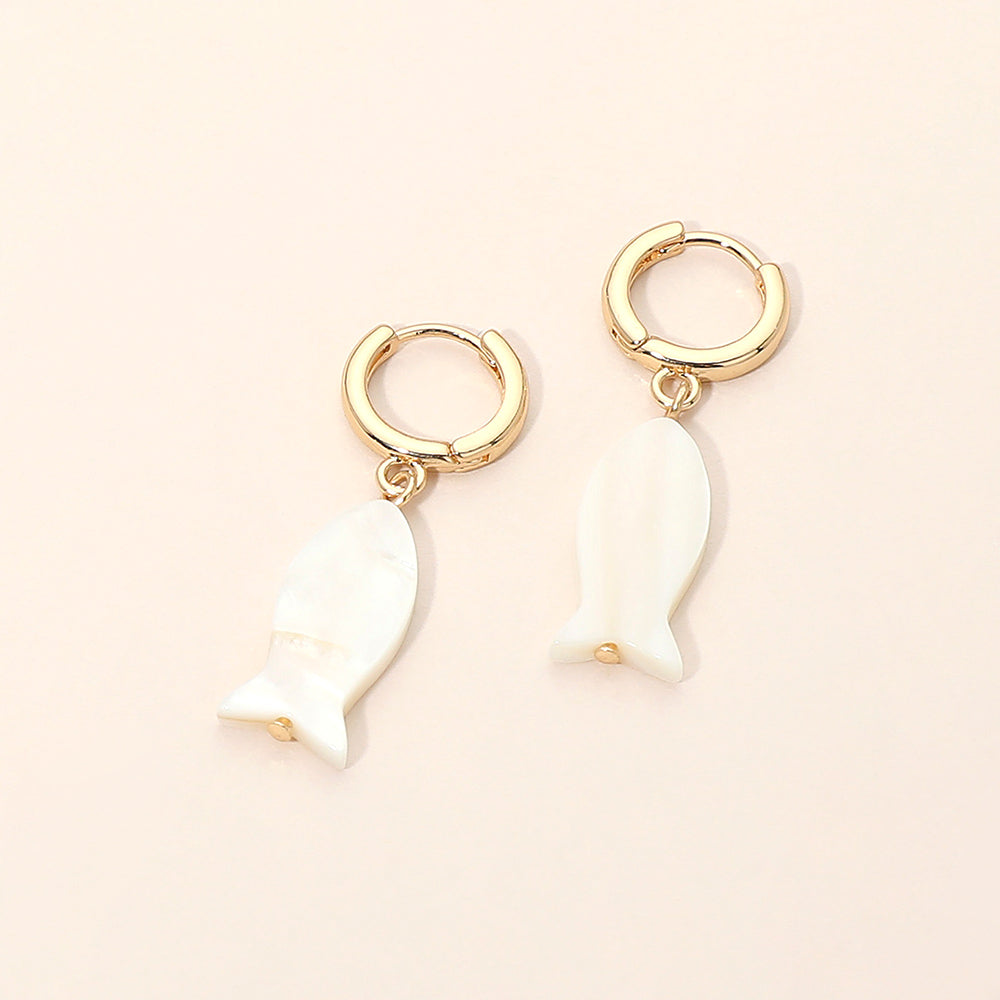 Mother of Pearl Fish Charm Drop Huggie Hoop Earrings in Gold & Mother of Pearl