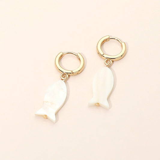 Mother of Pearl Fish Charm Drop Huggie Hoop Earrings in Gold & Mother of Pearl