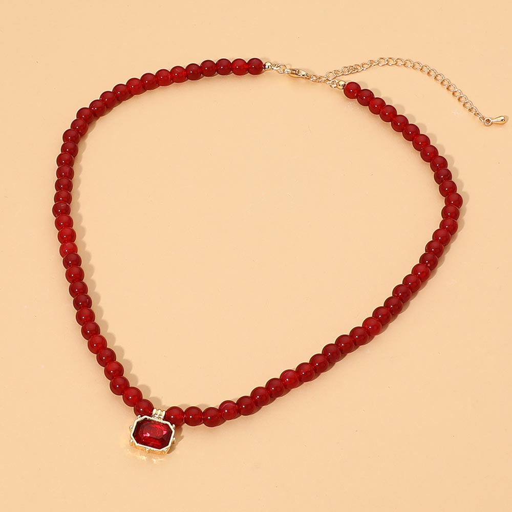 Faceted Rectangular Pendant Accent Round Beaded Necklace in Gold & Siam