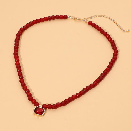 Faceted Rectangular Pendant Accent Round Beaded Necklace in Gold & Siam