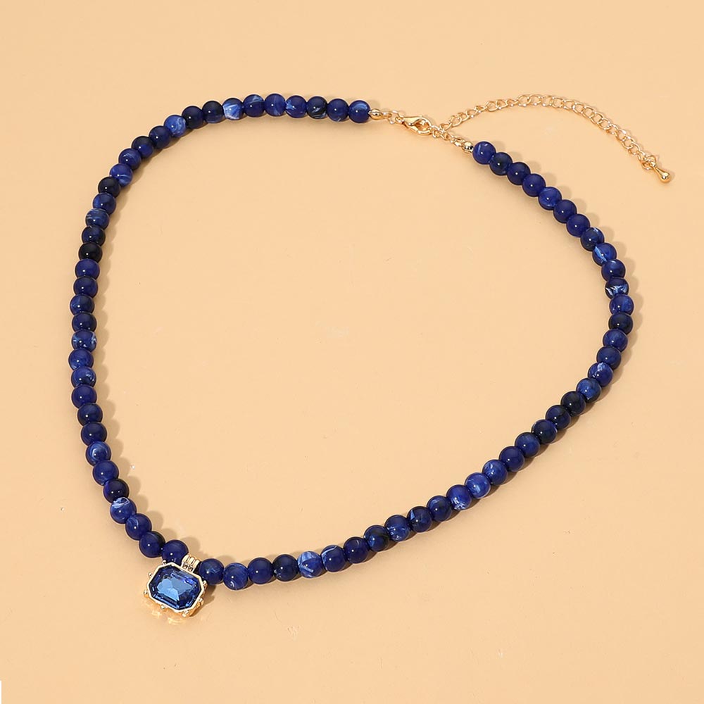 Faceted Rectangular Pendant Accent Round Beaded Necklace in Gold & Sapphire