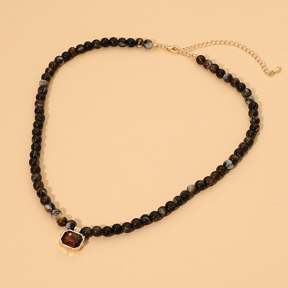 Faceted Rectangular Pendant Accent Round Beaded Necklace in Gold & Smoked Topaz