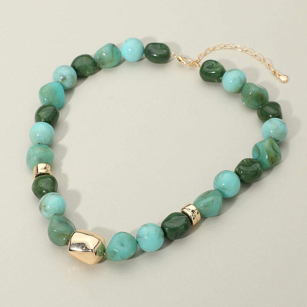 Chunky Metal Accent Resin Pebble Beaded Statement Necklace in Turquoise