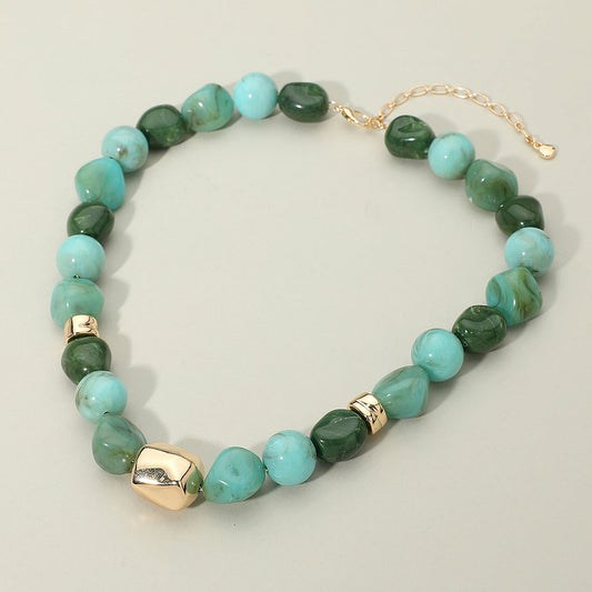 Chunky Metal Accent Resin Pebble Beaded Statement Necklace in Turquoise