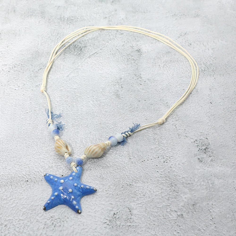 Starfish Pendant Accent Shell Beaded Adjustable Cord Necklace in Blue
