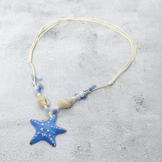 Starfish Pendant Accent Shell Beaded Adjustable Cord Necklace in Blue
