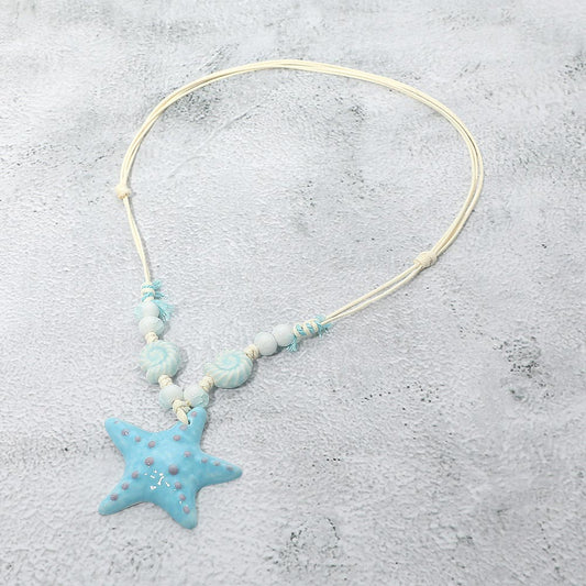 Starfish Pendant Accent Shell Beaded Adjustable Cord Necklace in Light Blue