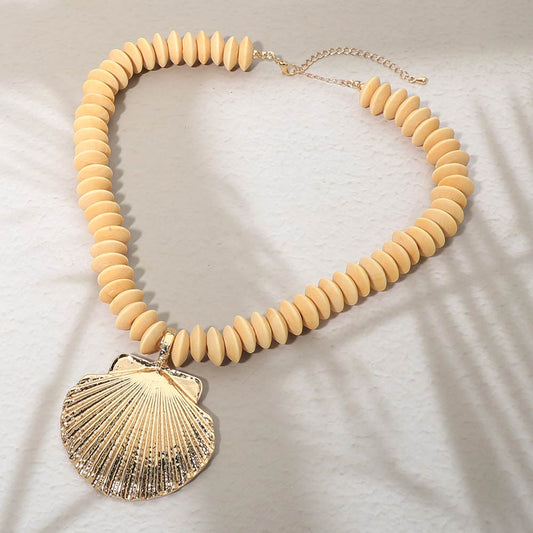 Seashell Accent Wooden Beaded Statement Necklace