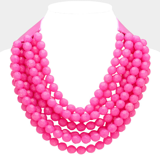 Chunky Acrylic Ball Beaded Multi Layered Faux Leather Magnetic Necklace in Fuchsia