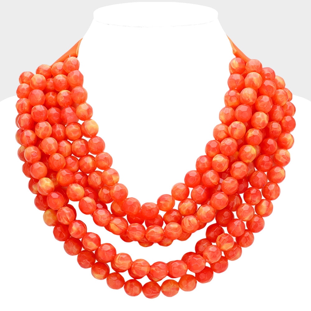 Chunky Acrylic Ball Beaded Multi Layered Faux Leather Magnetic Necklace in Orange