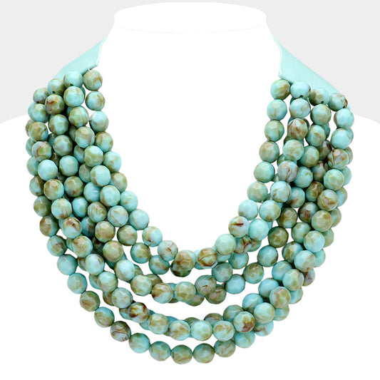 Chunky Acrylic Ball Beaded Multi Layered Faux Leather Magnetic Necklace in Turquoise