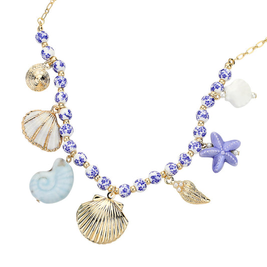 Metal Shell Locket Puka Shell Ceramic Starfish Sealife Charm Station Ceramic Ball Beaded Necklace