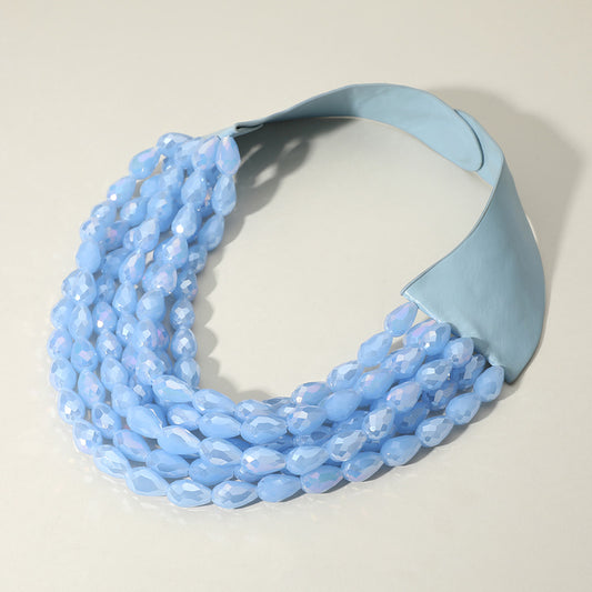 Chunky Faceted Acrylic Teardrop Beaded Multi Layered Faux Leather Magnetic Necklace in Blue