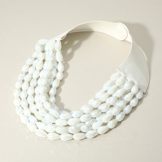 Chunky Faceted Acrylic Teardrop Beaded Multi Layered Faux Leather Magnetic Necklace in White