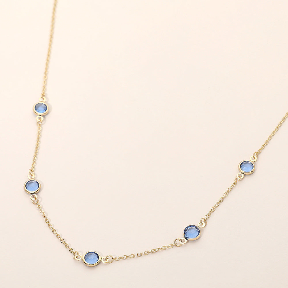 Delicate Stone Bezel Station Necklace in Blue & Gold