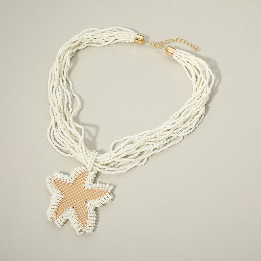 Bold Starfish Pendant Accent Seed Beaded Multi Strand Statement Necklace