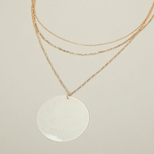 Bold Mother of Pearl Disc Pendant Accent Layered Chain Necklace