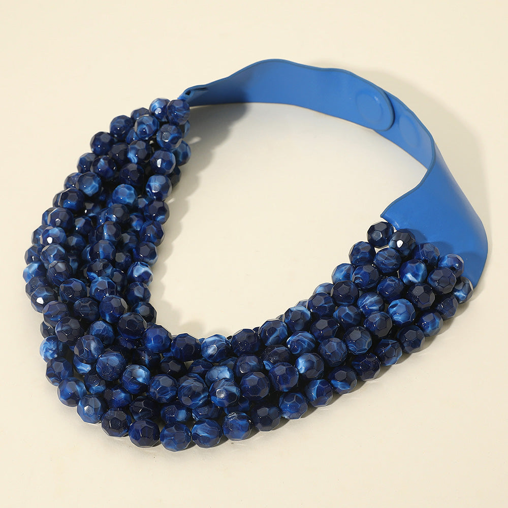 Marbled Faceted Ball Beaded Multi Layered Faux Leather Magnetic Necklace in Navy