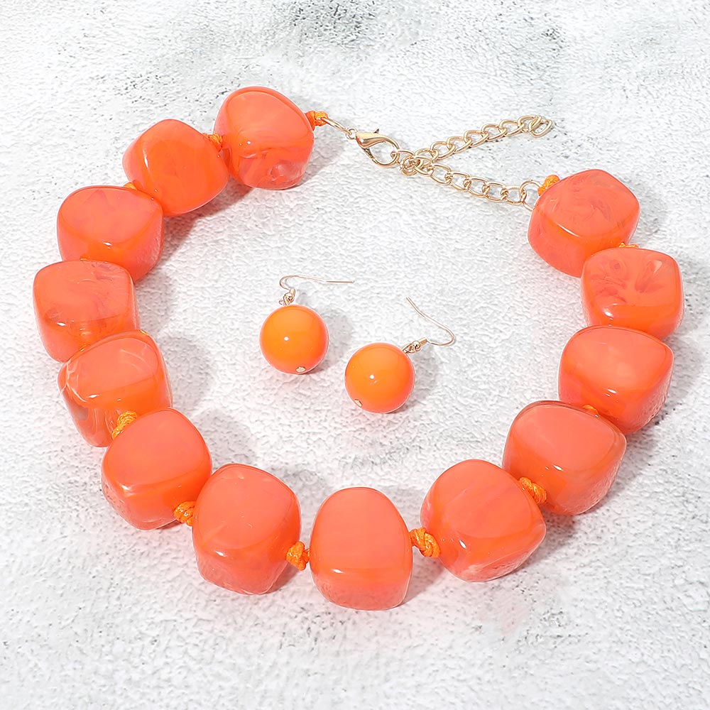 Bold Chunky Resin Pebble Beaded Statement Necklace in Orange