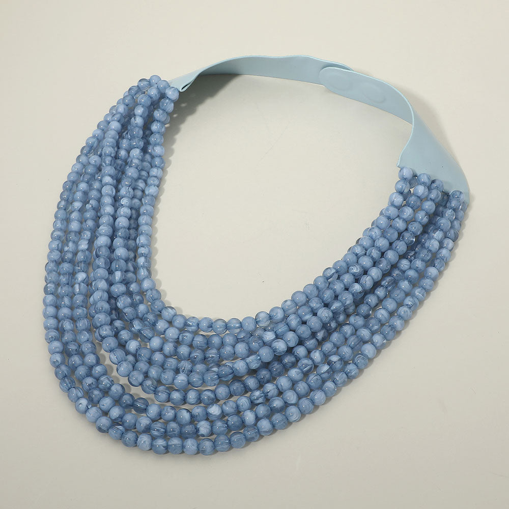 Marbled Ball Beaded Multi Layered Faux Leather Magnetic Necklace in Blue