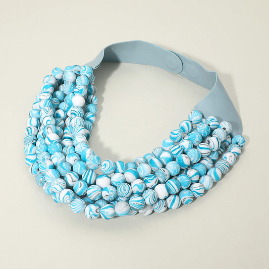 Multi Layered Beaded Faux Leather Magnetic Collar Necklace in Blue