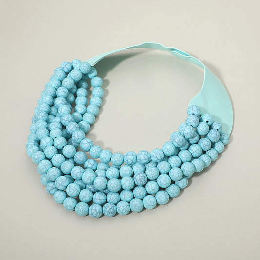 Multi Layered Beaded Faux Leather Magnetic Collar Necklace in Turquoise