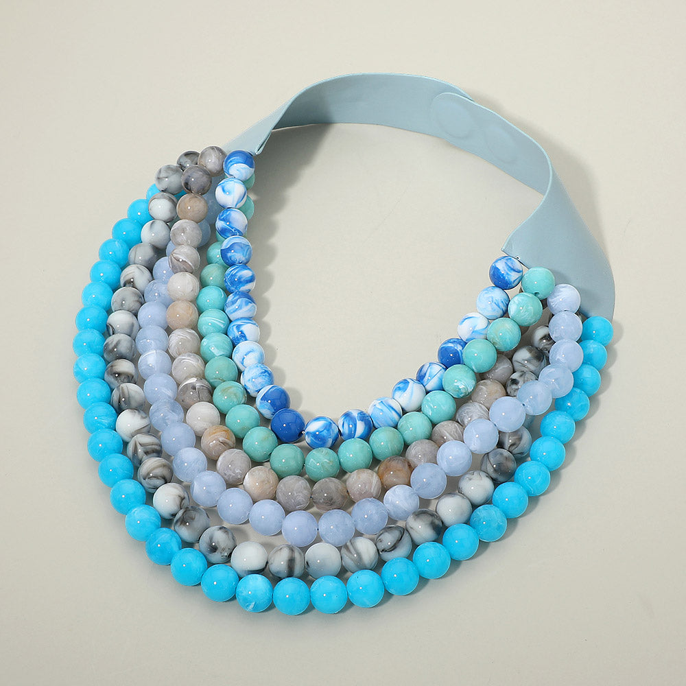 Multi Strand Marbled Ball Beaded Faux Leather Magnetic Necklace in Blue & Multi