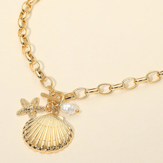 Seashell Starfish Pearl Charm Toggle Chunky Chain Necklace