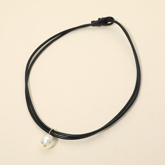 Pearl Charm Accent Adjustable Cord Necklace in Black & Cream