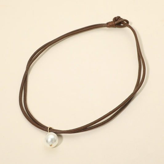 Pearl Charm Accent Adjustable Cord Necklace in Brown & Cream