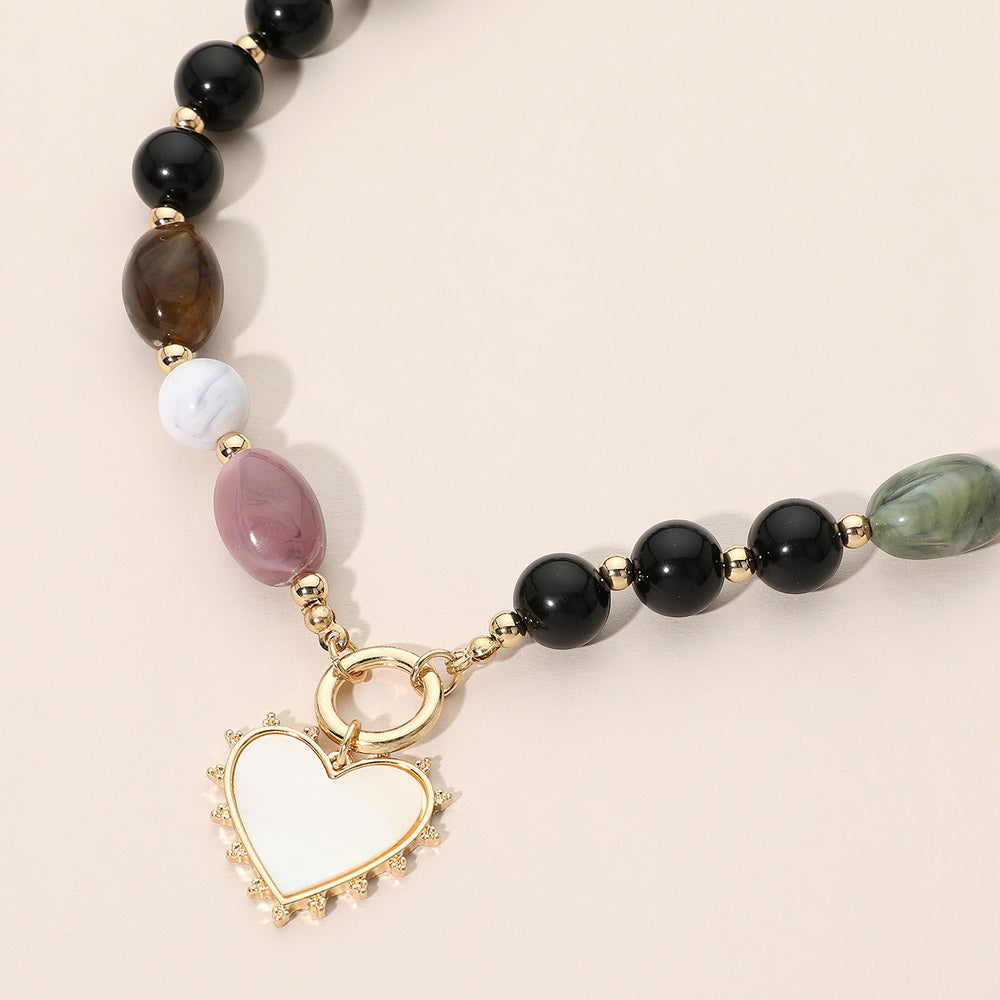 Heart Pendant Ring Accent Mixed Bead Necklace in Black