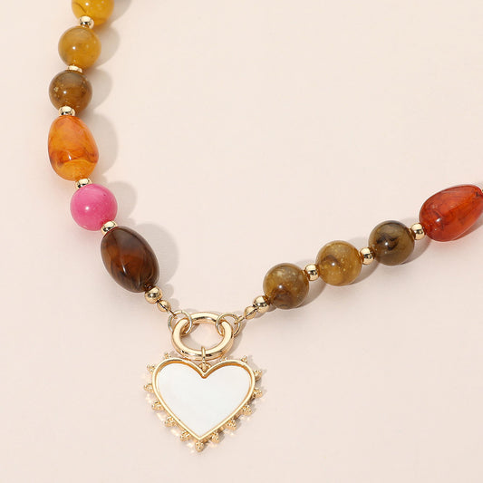 Heart Pendant Ring Accent Mixed Bead Necklace in Brown