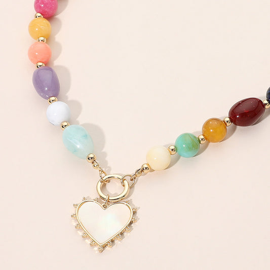 Heart Pendant Ring Accent Mixed Bead Necklace in Multi