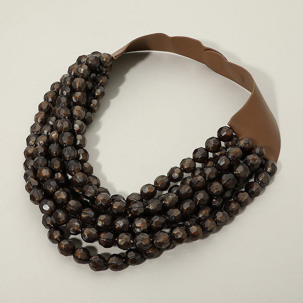Multi Strand Faceted Ball Beaded Faux Leather Magnetic Statement Necklace in Brown