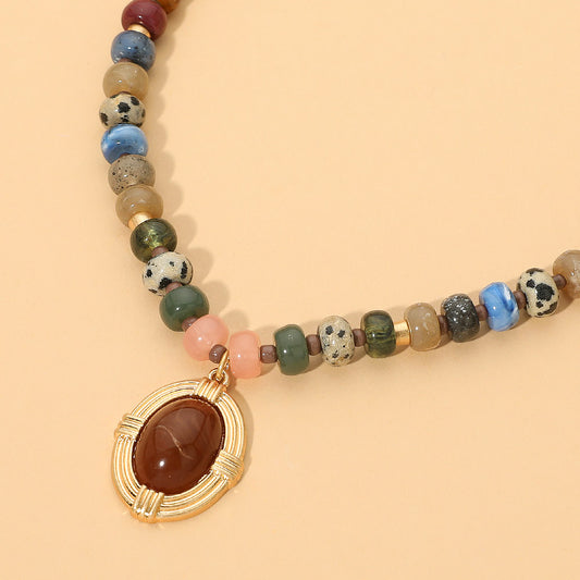 Oval Stone Frame Pendant Accent Natural Stone Beaded Necklace in Multi & Worn Gold
