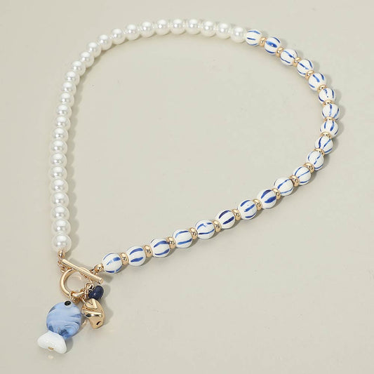 Fish Mixed Charm Pendant Pearl Ceramic Ball Beaded Toggle Necklace